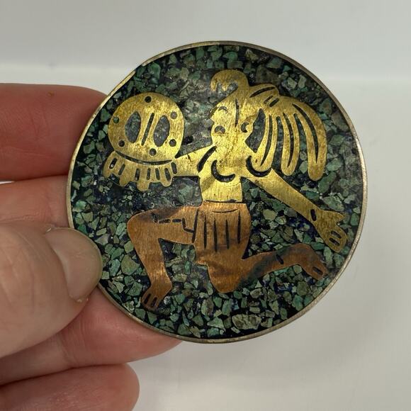 VTG Taxco Mexico Sterling Silver Copper Brass Turquoise Mosaic Pin Pendant CHC - Picture 1 of 7